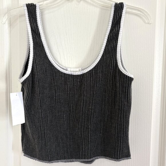 Mm Mm Mm Henley Textured Stripe Crop Tank Top Sleeveless Charcoal Gray & White - Picture 2 of 5